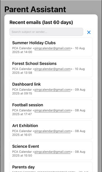 Recent emails modal preview