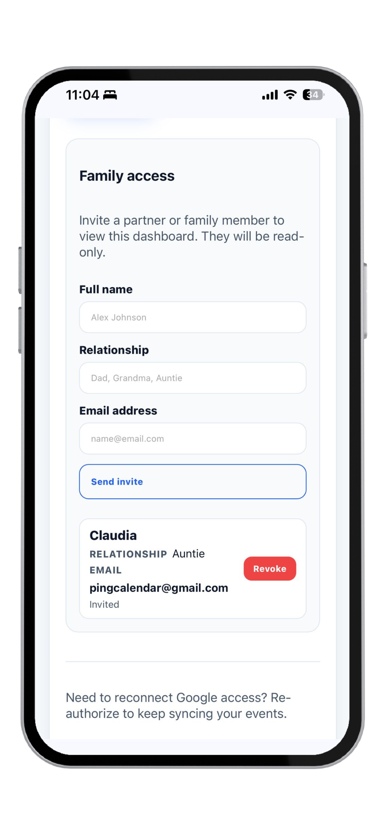 Sync School Events family access screenshot
