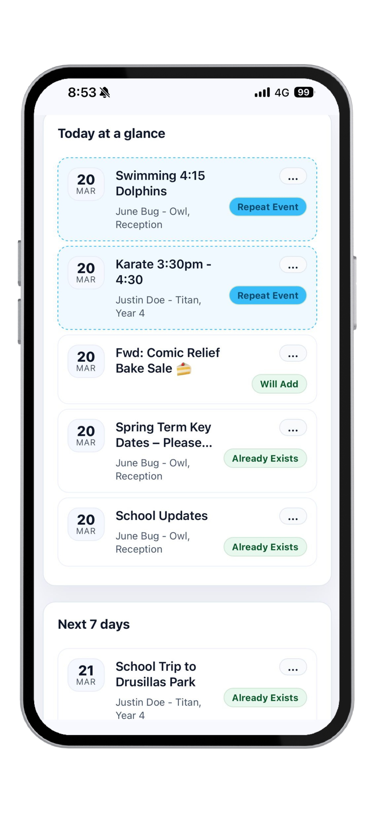 Sync School Events parent dashboard screenshot